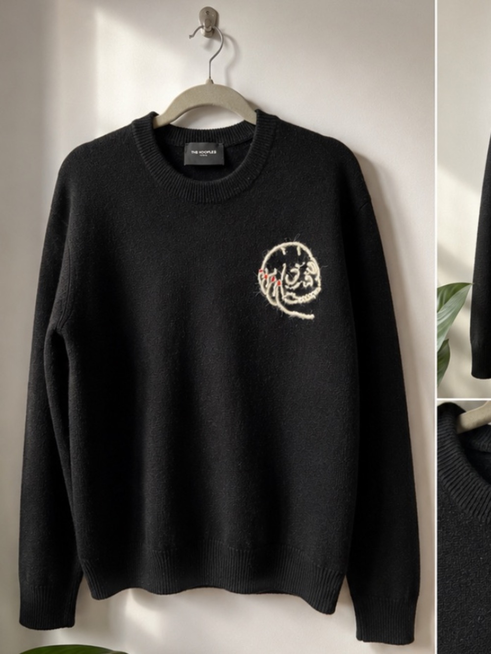 The Kooples Black Crewneck Sweater with White & Red Embroidered Detail